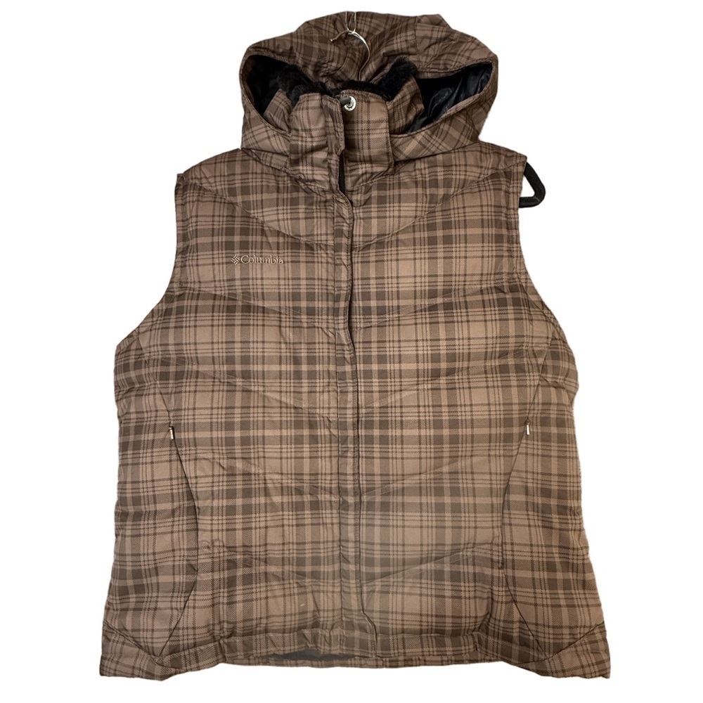 Vintage Down Filled Columbia Detachable Hood X Fur Collar Brown Plaid Women XL
